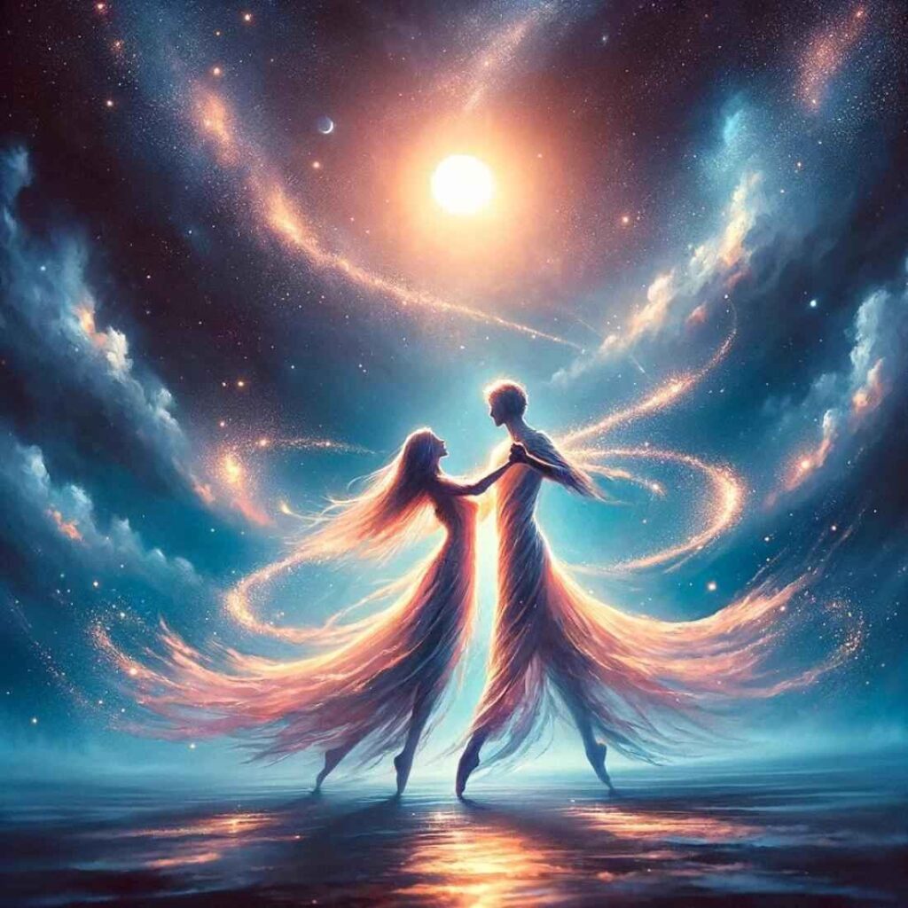 Entre o Gelo e o Fogo: Combo O gelo da pessoa não combina com seu calor 4 Duas chamas dançando sob o céu estrelado simbolizando a reciprocidade no amor.