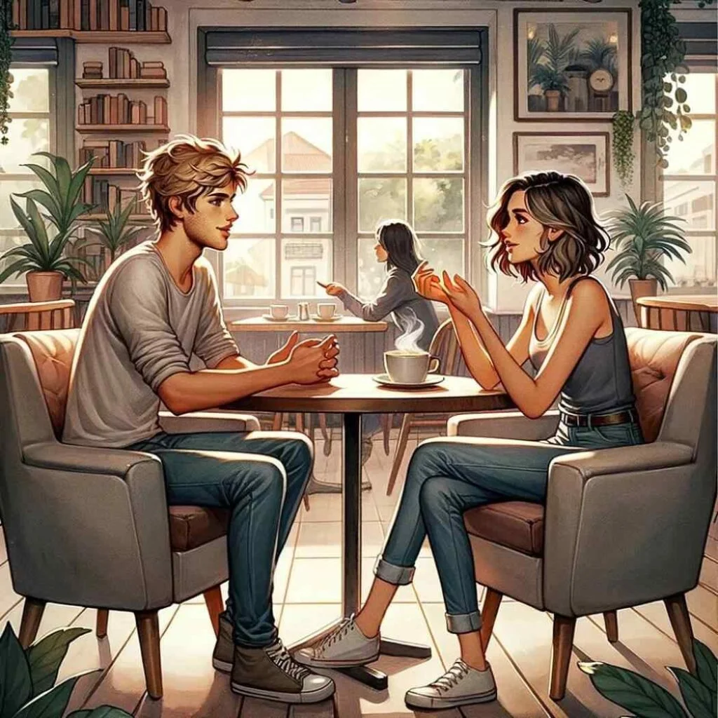 4 Coisas que os Homens Querem Mas Não Pedem – Descubra Como Deixá-lo Louco Por Você 3 Lucas compartilhando seus pensamentos com Marina em um café aconchegante, 4 coisas que os homens querem mas não pedem.