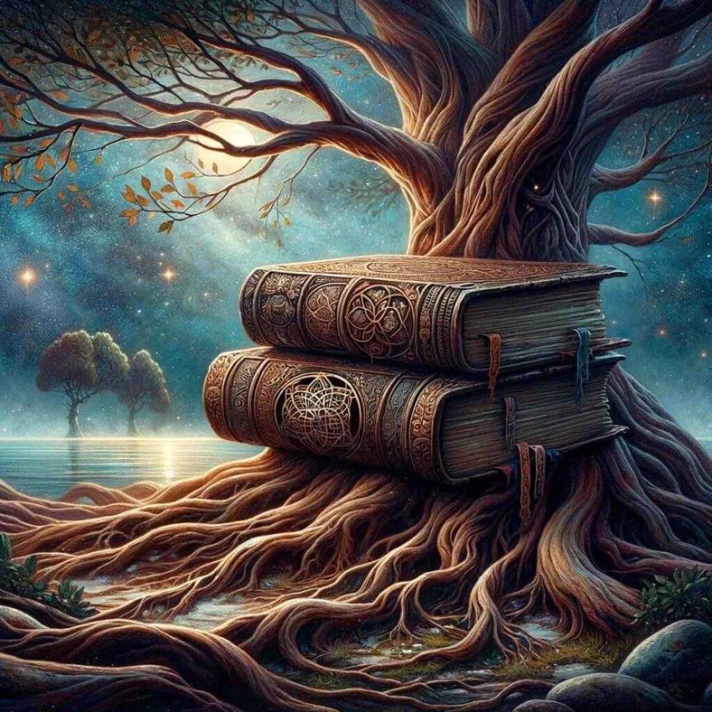 Entre o Gelo e o Fogo: Combo O gelo da pessoa não combina com seu calor 3 Livros antigos sobre um tronco com raízes no conhecimento ancestral.