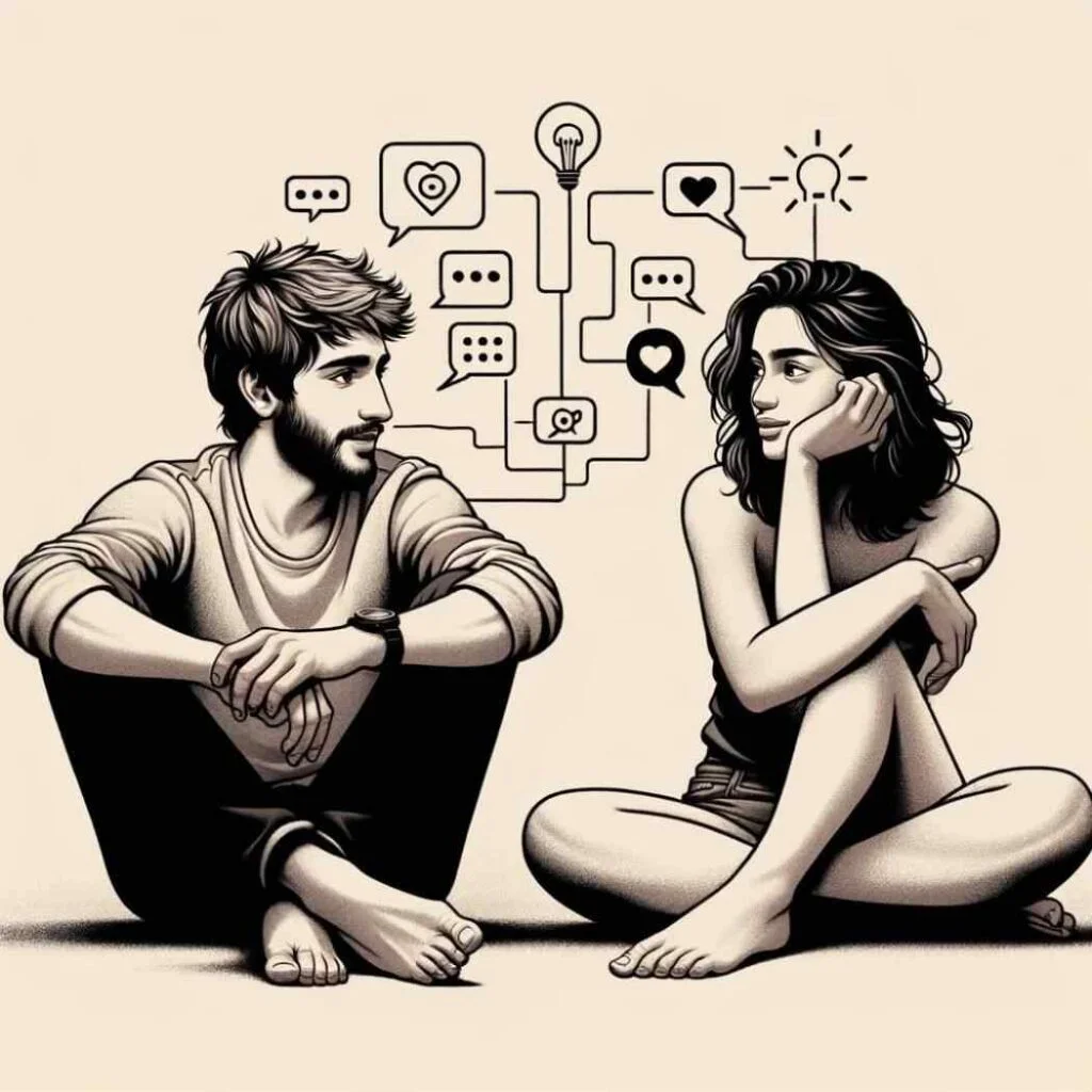 4 Coisas que os Homens Querem Mas Não Pedem – Descubra Como Deixá-lo Louco Por Você 7 Lucas e Marina sentados lado a lado, em uma conversa profunda, com símbolos de coração representando sua conexão emocional.