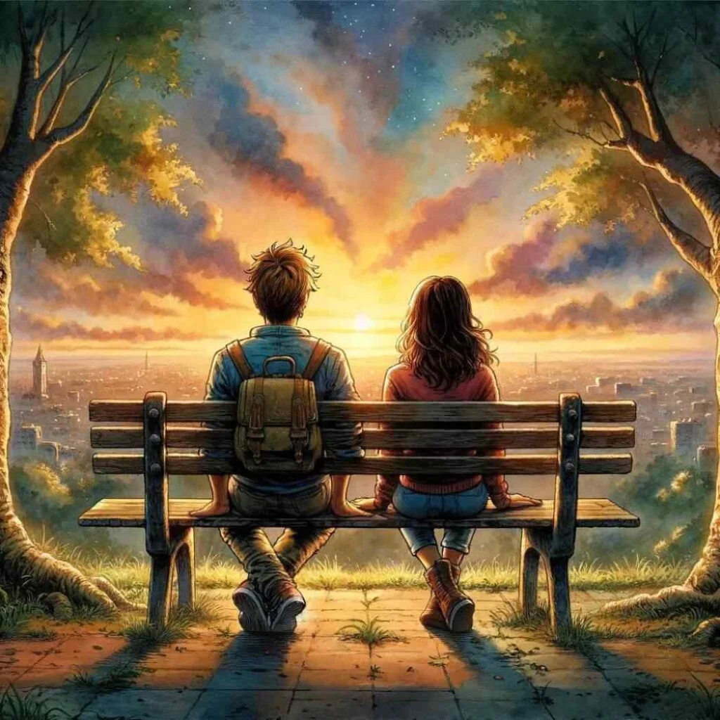 4 Coisas que os Homens Querem Mas Não Pedem – Descubra Como Deixá-lo Louco Por Você 8 Lucas e Marina de mãos dadas no banco do parque, olhando o pôr do sol.