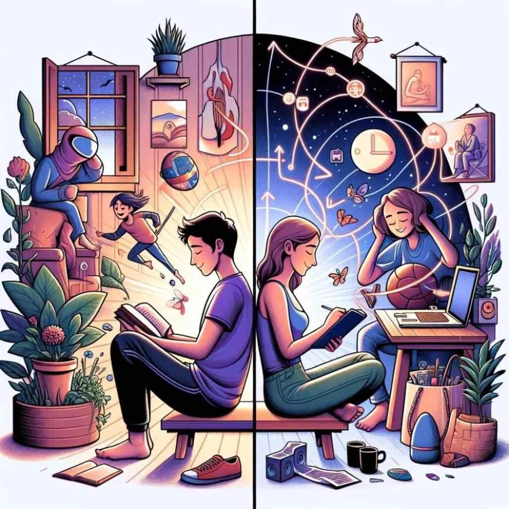 4 Coisas que os Homens Querem Mas Não Pedem – Descubra Como Deixá-lo Louco Por Você 5 "Lucas e Marina engajados em hobbies individuais com um espaço simbólico entre eles.