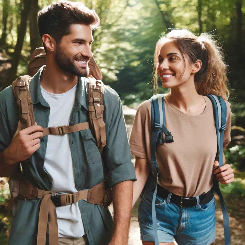 10 Coisas que Atraem Loucamente um Homem: Guia Completo para Conquistar o Coração Dele 5 "Casal em uma trilha, cercado pela natureza, sorrindo e apreciando uma aventura ao ar livre juntos são Coisas que Atraem Loucamente um Homem"