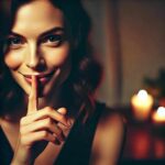 Como Fazer Ele Sentir Sua Falta: 17 Dicas e Estratégias para Manter o Interesse Vivo! Mulher com sorriso enigmático e dedo nos lábios, sugerindo um segredo em um ambiente íntimo e sutil.