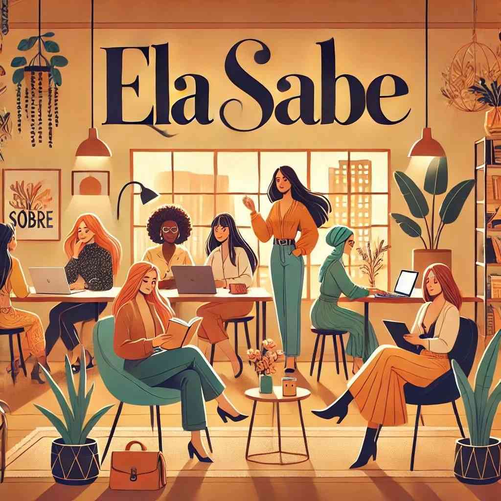 Ilustração de mulheres diversas e empoderadas em um espaço de trabalho acolhedor, representando a missão do blog "Ela Sabe".