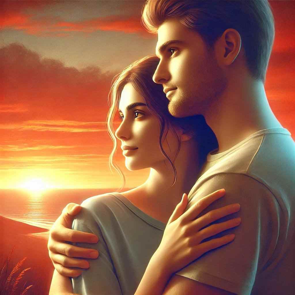 Quando o Homem Perde o Desejo pela Esposa: Reacenda a Chama do Seu Casamento 8 Casal abraçado olhando para o pôr do sol, simbolizando esperança e reconexão.