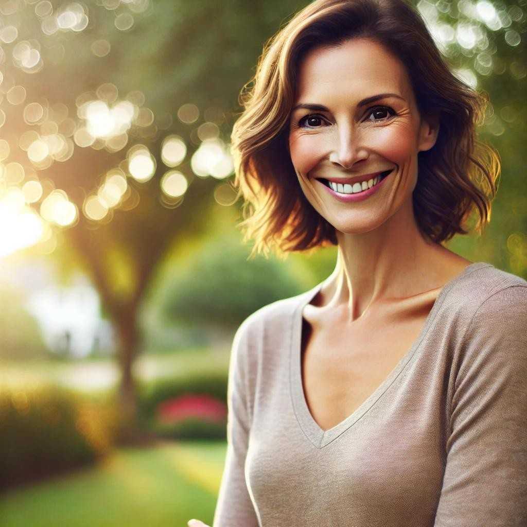 Mulher confiante sorrindo em um ambiente ao ar livre, irradiando confiança e conexão emocional.