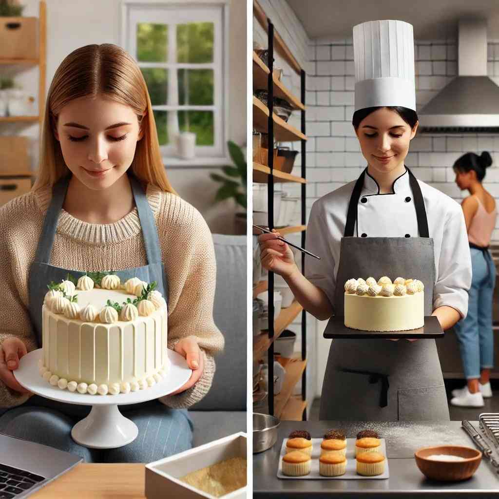 Curso de Confeitaria: Guia Completo para Escolher o Melhor Curso e Transformar Sua Paixão em Carreira 6 Comparação entre uma estudante aprendendo confeitaria em casa e uma aula profissional em uma cozinha, destacando as diferenças entre cursos online e presenciais.
