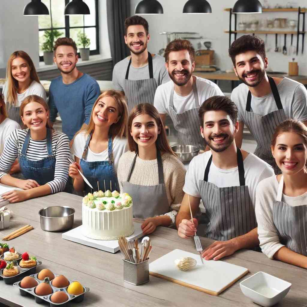 Curso de Confeitaria: Guia Completo para Escolher o Melhor Curso e Transformar Sua Paixão em Carreira 5 Estudantes felizes em uma aula de confeitaria, aprendendo técnicas de confeitaria em um ambiente moderno e interativo, com o apoio de um instrutor profissional.