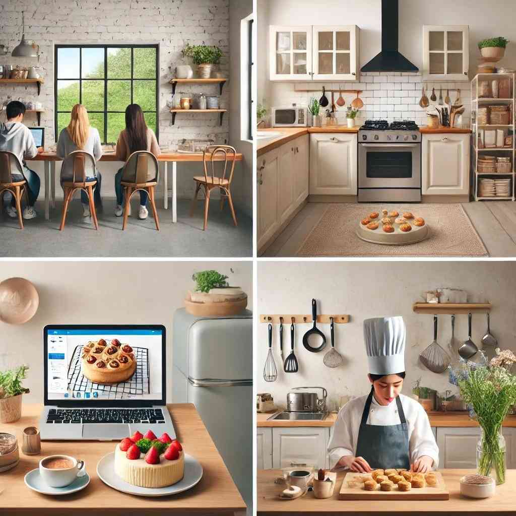 Curso de Confeitaria: Guia Completo para Escolher o Melhor Curso e Transformar Sua Paixão em Carreira 8 Colagem mostrando diferentes locais e formatos para cursos de confeitaria, incluindo uma cozinha moderna de escola, uma configuração aconchegante em casa para aprendizado online, e uma escola de panificação profissional.