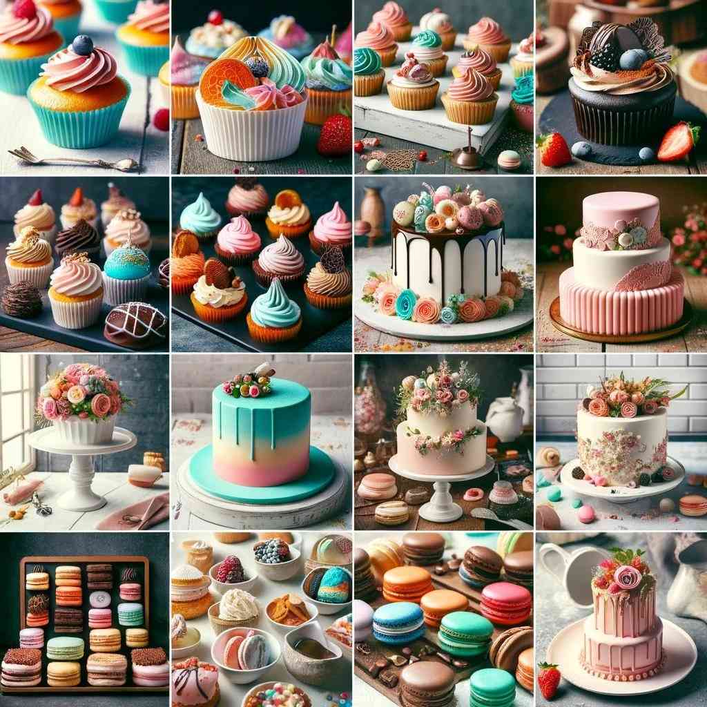 Curso de Confeitaria: Guia Completo para Escolher o Melhor Curso e Transformar Sua Paixão em Carreira 4 Colagem de imagens mostrando diferentes tipos de confeitaria, incluindo cupcakes, bolos decorados, sobremesas gourmet como macarons e outros doces, representando a variedade de cursos de confeitaria disponíveis.
